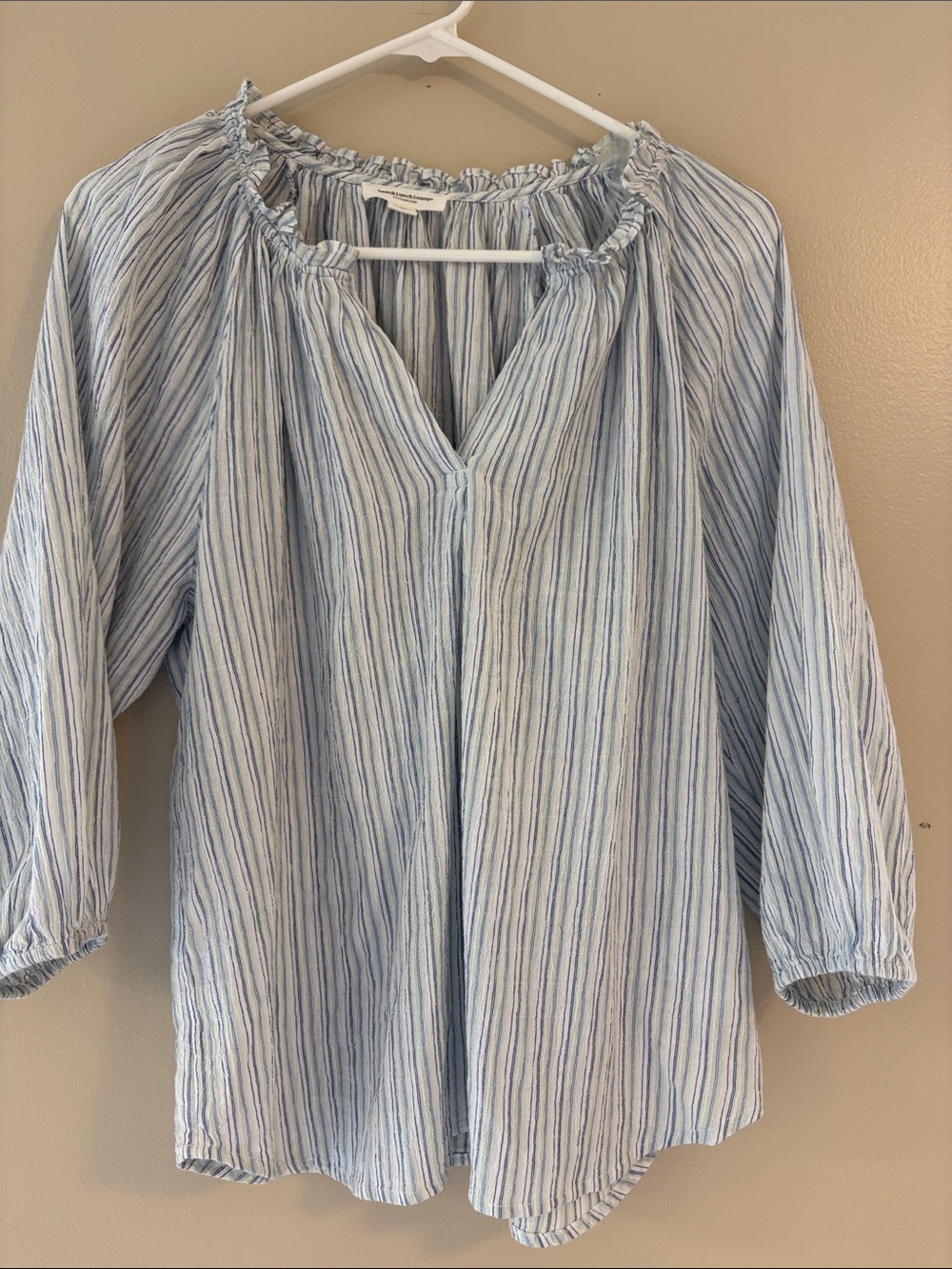 BeachLunchLounge Blue White Striped Cotton 3/4 Sleeve Blouse Top S